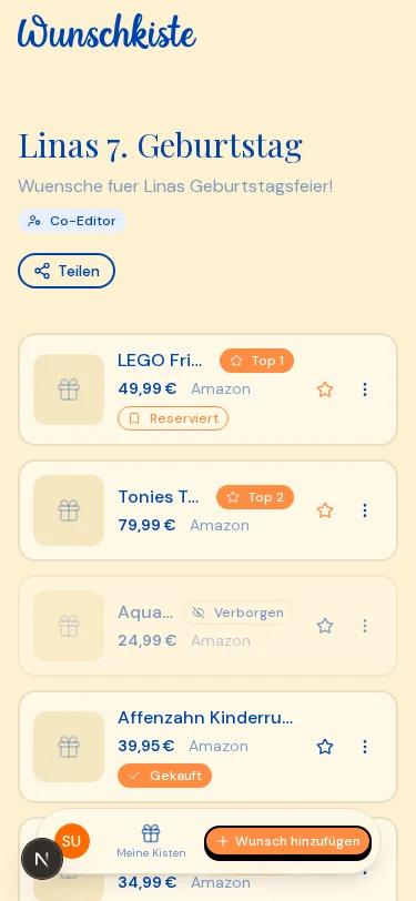 Wunschliste mit Produkten