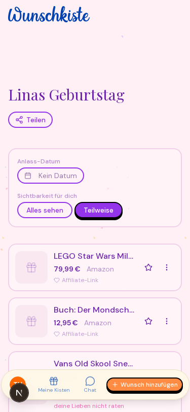 Wunschliste mit Produkten